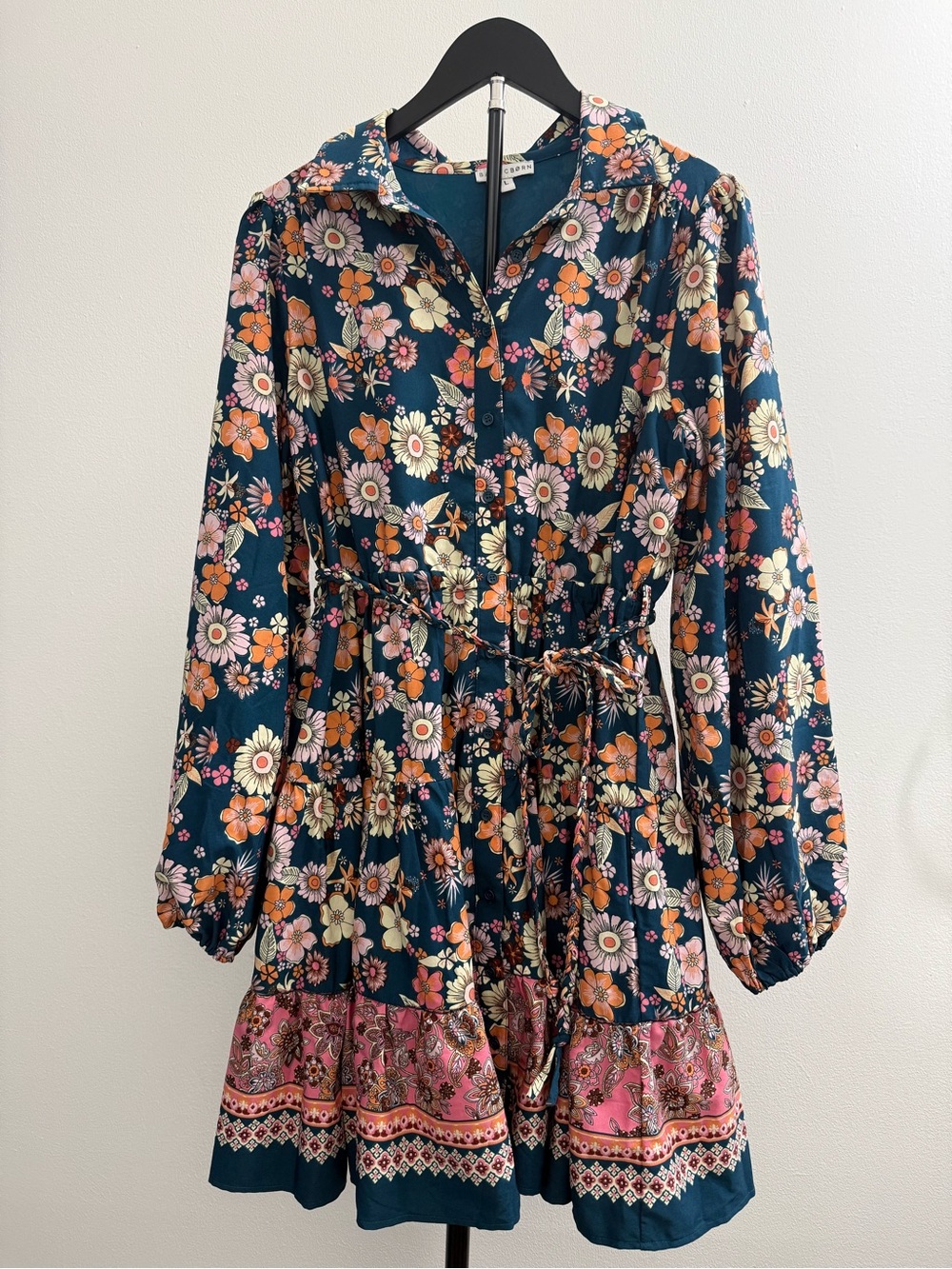 Floral Tie-Waist Long Sleeve Dress in Teal and Pink